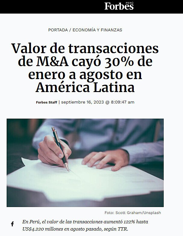 Valor de transacciones de M&A cay 30% de enero a agosto en Amrica Latina